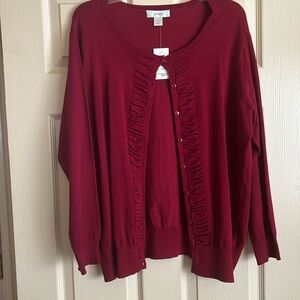 Talbots Women's Red Ruffle-Trim Cardigan Sweater